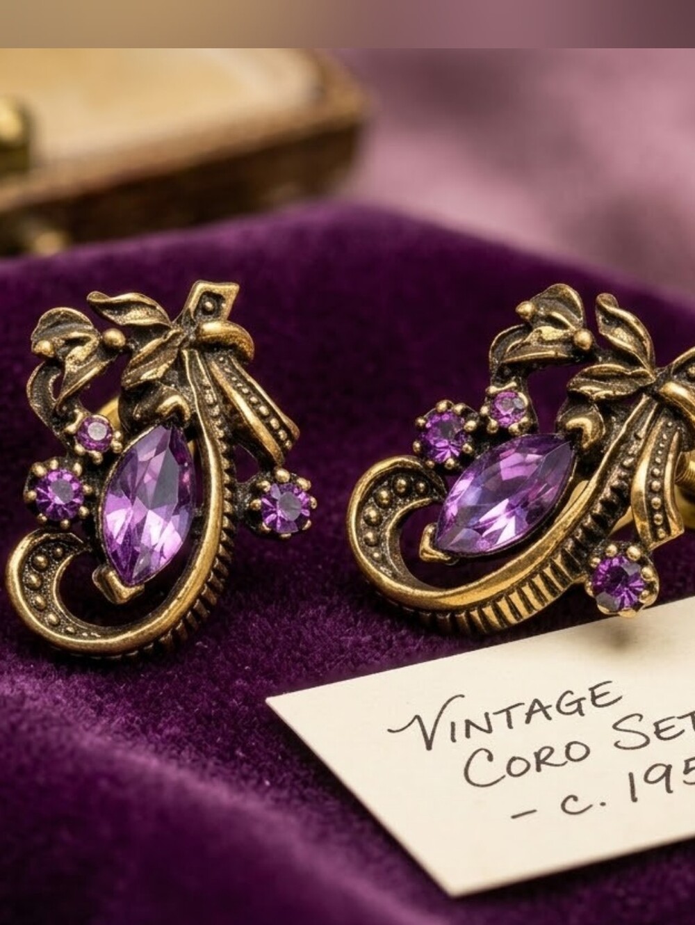 Vintage Coro Purple Rhinestone Screw Back Earrings Mid Century Gold Tone